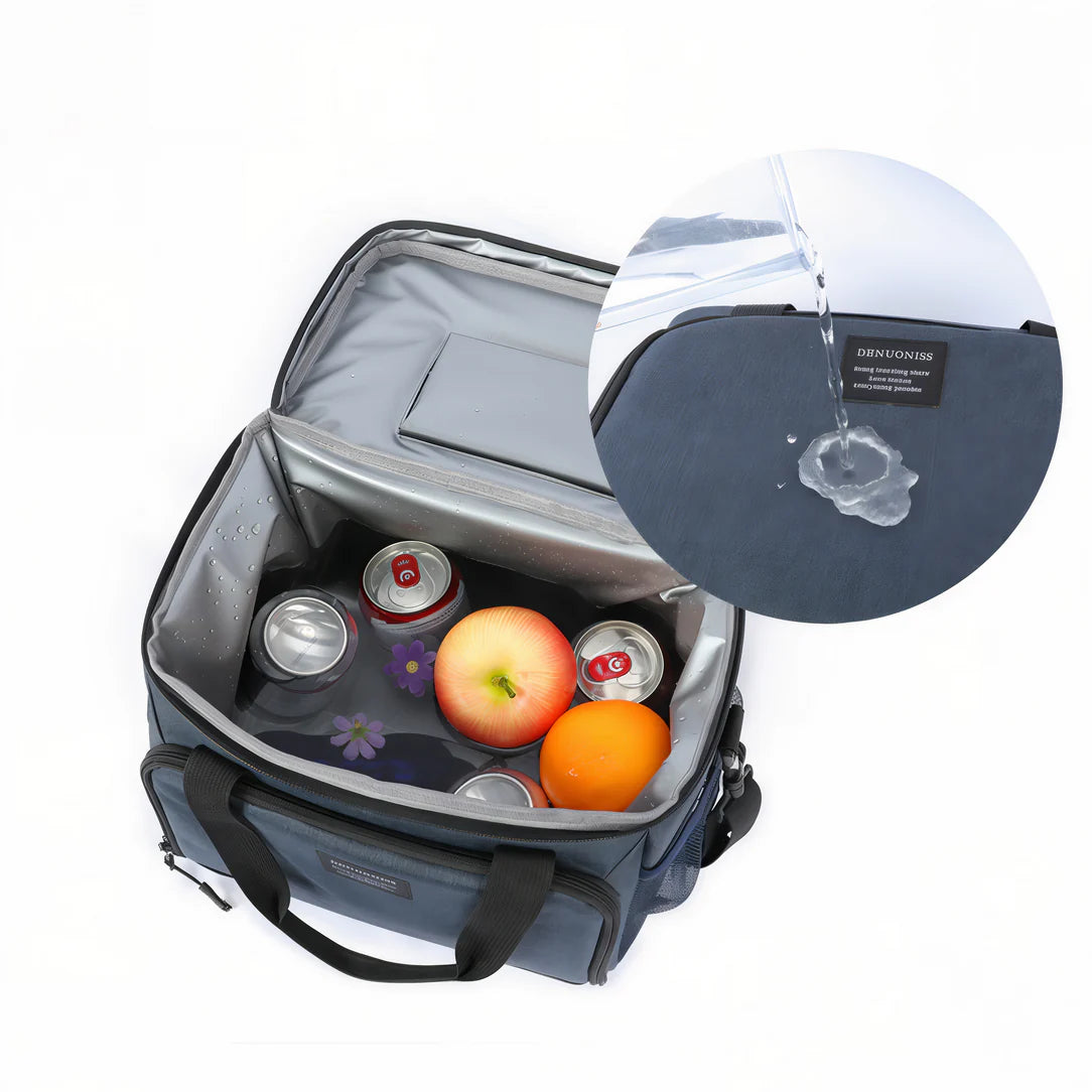 Sac à bandoulière isotherme 10L avec sac à dos gris foncé, isolé et étanche, rempli de boissons et fruits