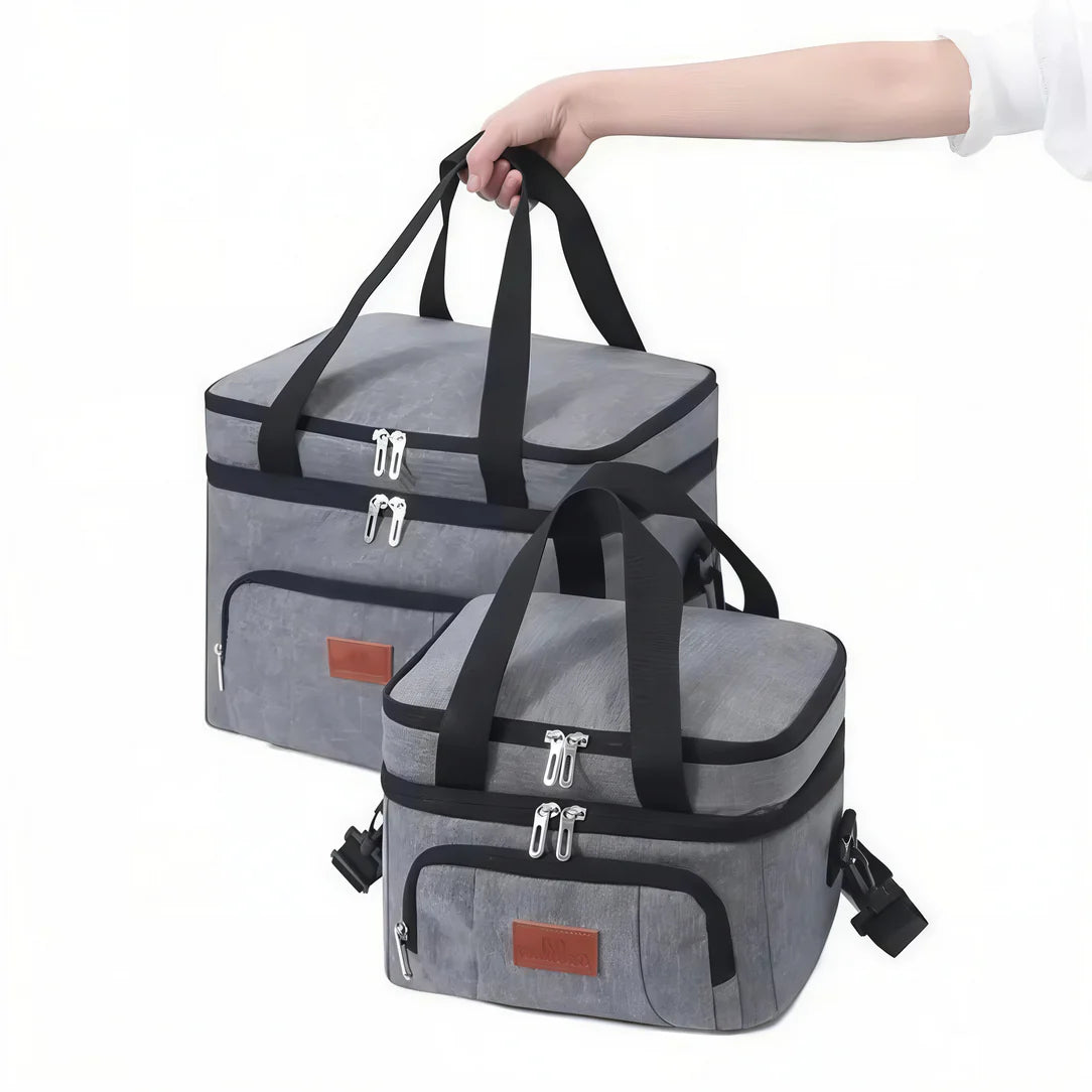 Deux sacs isothermes gris avec poignées noires pour Sac à bandoulière 15L double compartiment