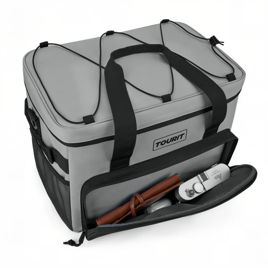 Sac à bandoulière isotherme grand format 32L avec cooler gris, poche ouverte, appareil photo