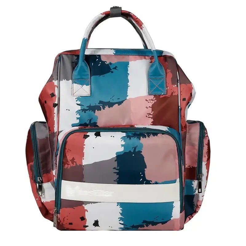 Sac à bandoulière à langer avec motif abstrait coloré, poignées supérieures et poches zip