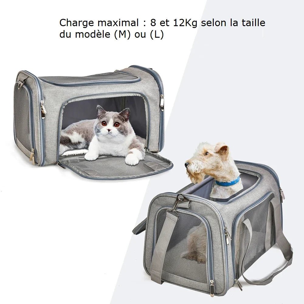 Deux sacs de transport gris pour chat ou chien avec fenêtres en mesh et fermetures éclair