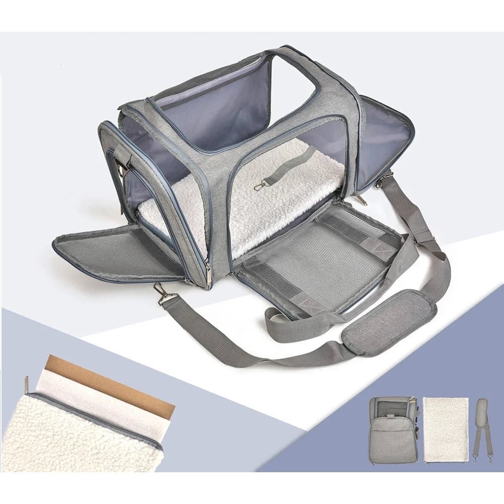 Sac à bandoulière pour chat ou chien avec porte en mesh et matelas amovible gris