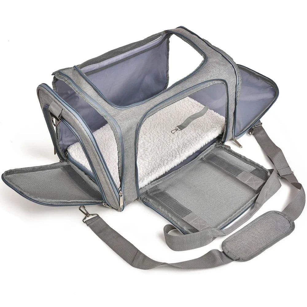 Sac à bandoulière pour chat/chien gris avec fenêtres en mesh, matelas amovible et bandoulière