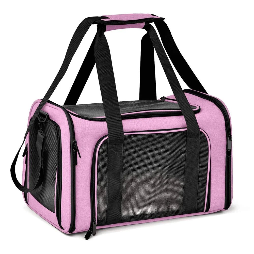 Sac à bandoulière pour chat ou chien, rose avec fenêtres en mesh noir et bandoulières