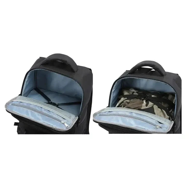 Deux vues d’un sac à dos noir avec compartiment isotherme, vide et avec tissu camouflage intérieur