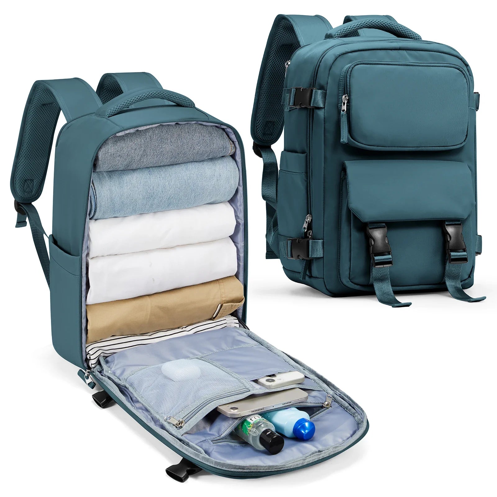 Sac à dos 45x36x20 teal avec plusieurs compartiments pour un rangement organisé