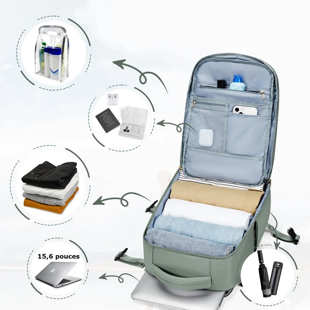 Sac à dos 45x36x20 vert clair avec plusieurs compartiments pour un rangement organisé