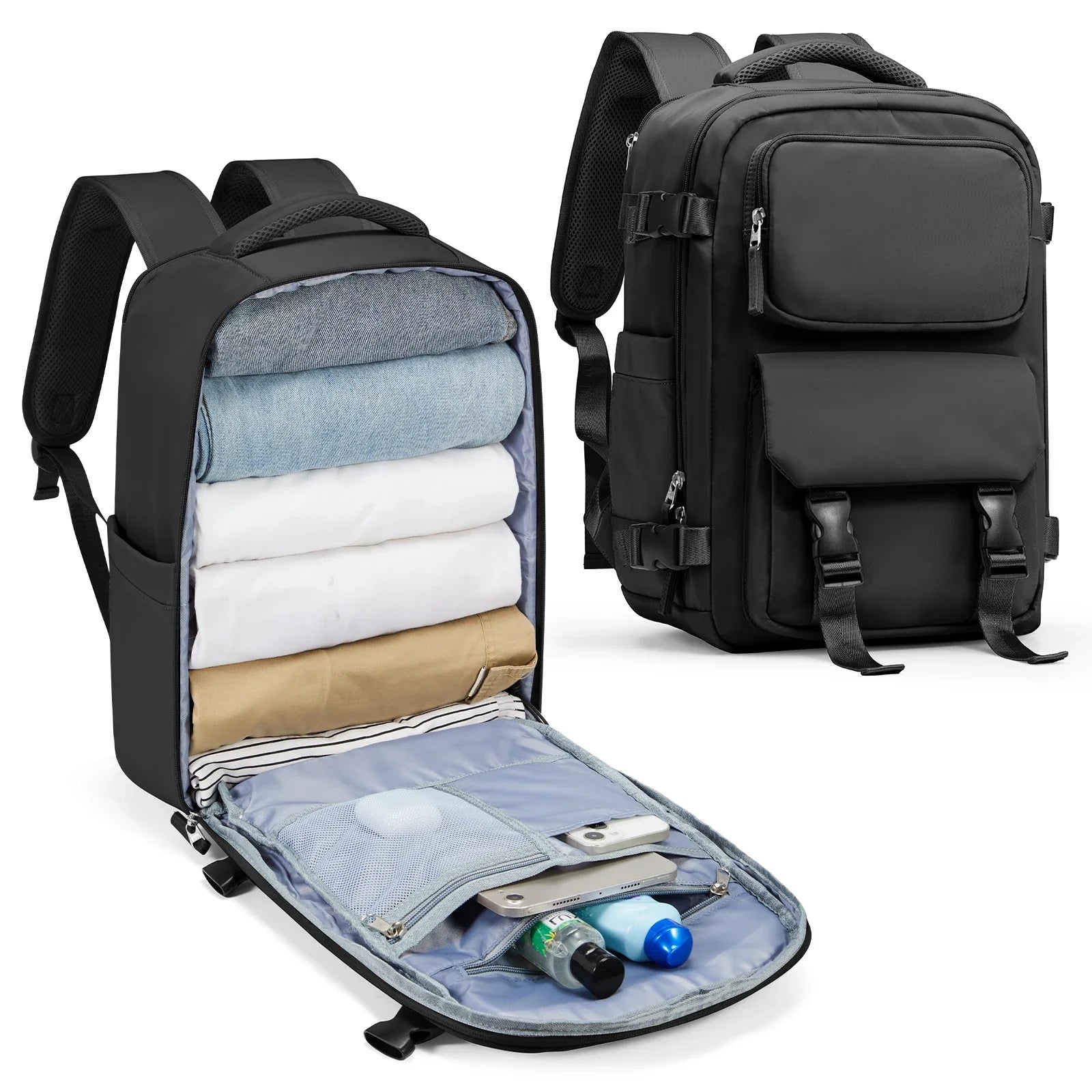 Sac à dos de voyage noir 45x36x20 avec plusieurs compartiments pour un rangement organisé