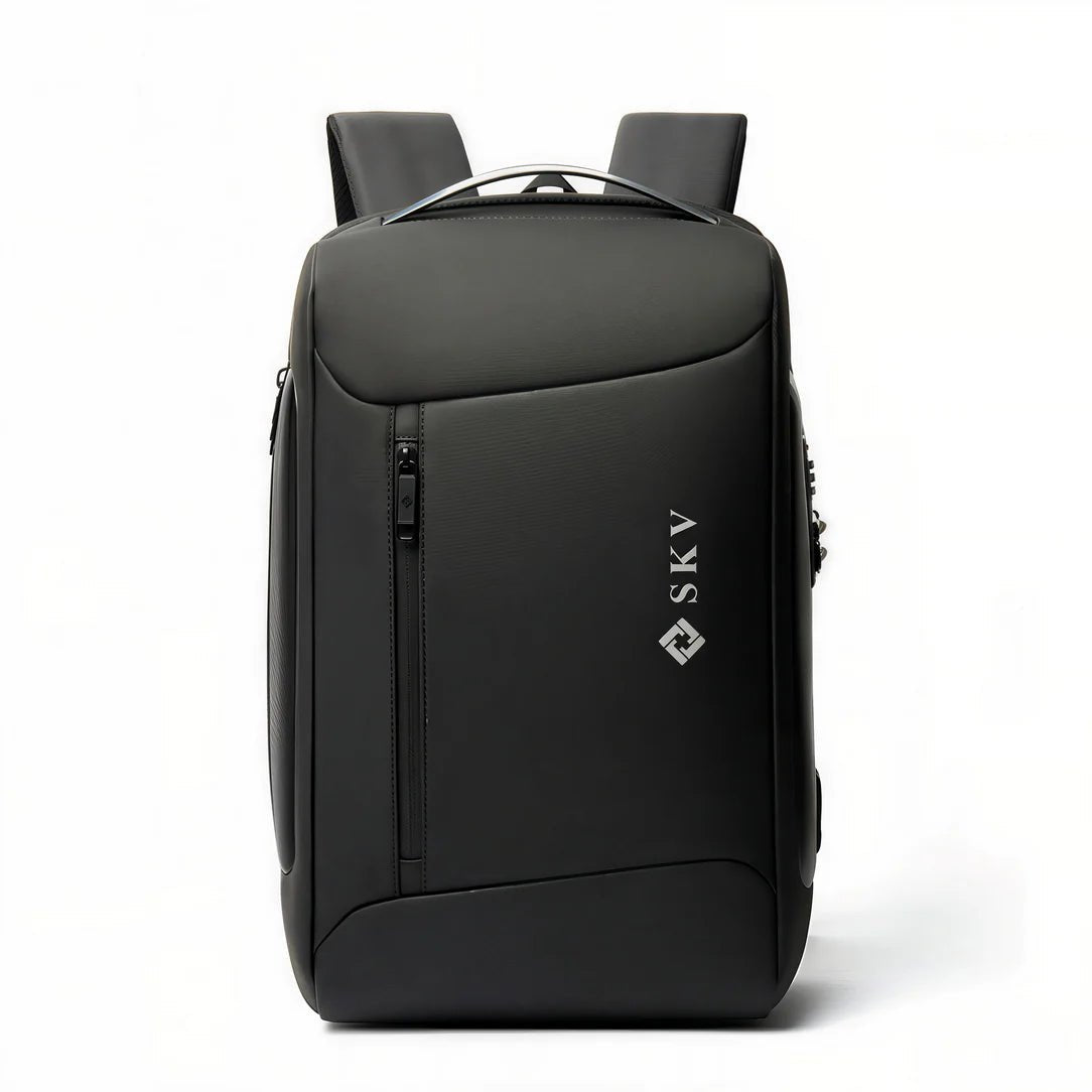 Sac à dos antivol SKV SafeGuard noir avec poche zippée frontale et poignée supérieure