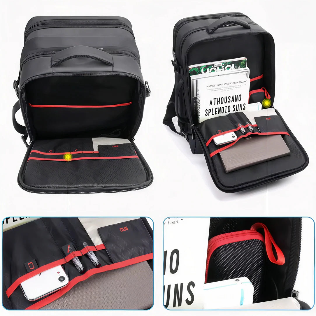 Sac à dos cabine noir et rouge, compartiments multiples, durable et organisé