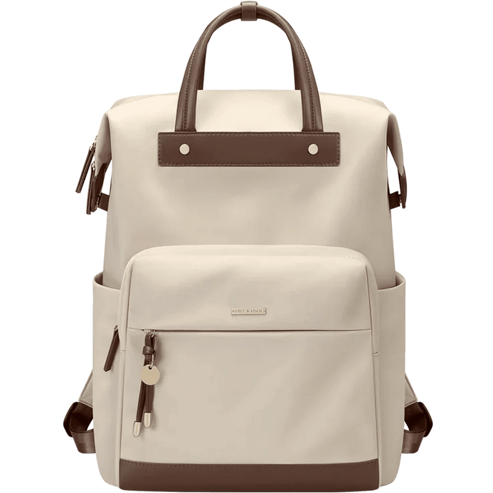 Sac à dos beige pour femme en cuir crème et marron avec poignée et poche avant