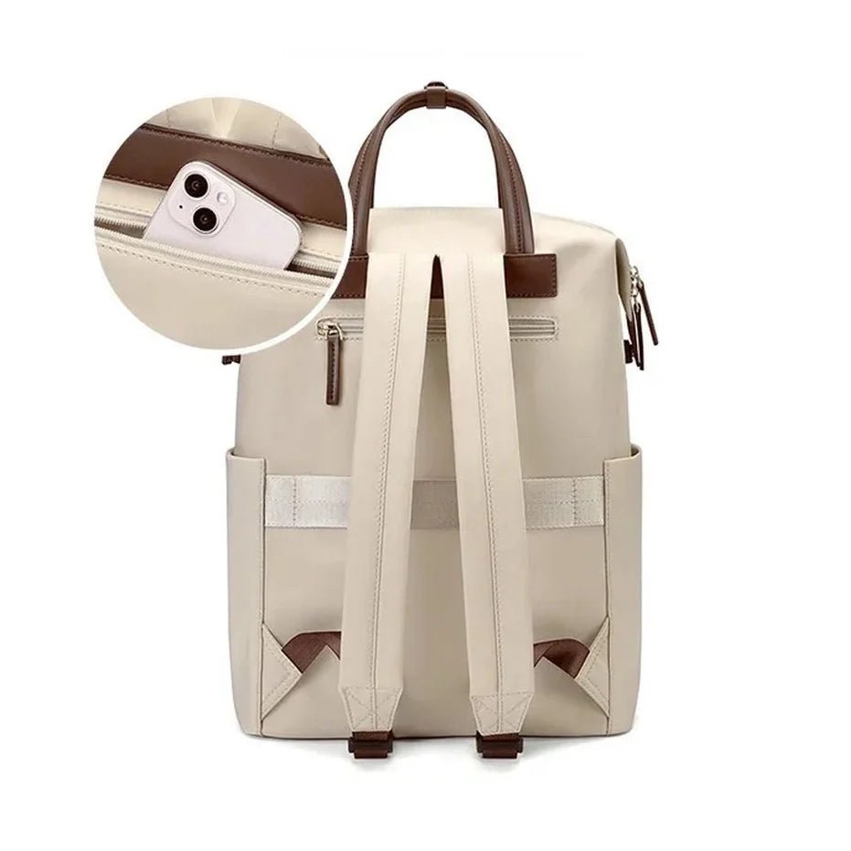 Sac à dos beige femme avec accents marron et poche arrière sécurisée pour téléphone