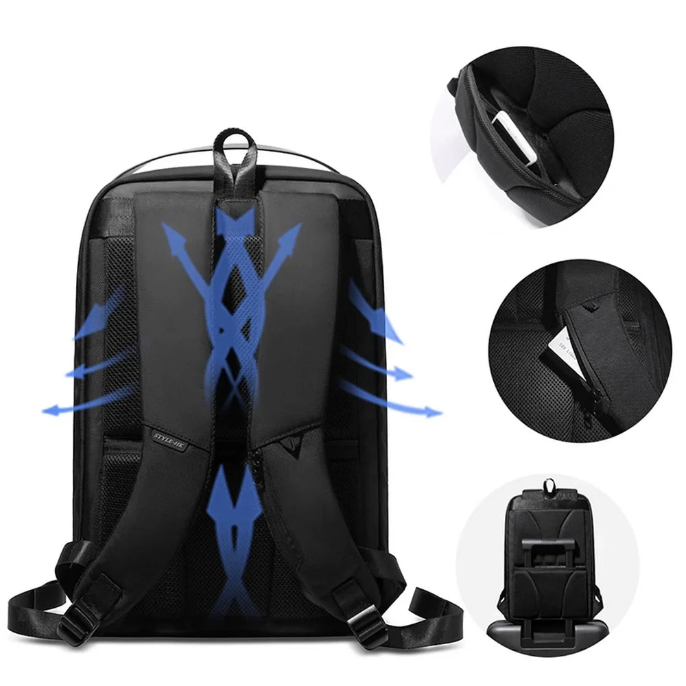 Sac à dos business femme noir avec panneau dorsal ventilé, poches multiples et sangle à bagage