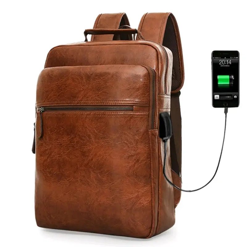 Sac à dos business homme cuir en cuir marron avec port de recharge USB externe