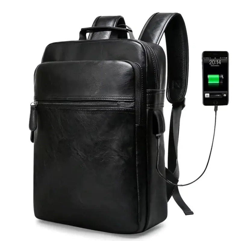 Sac à dos business homme cuir en cuir noir avec port de chargement USB externe
