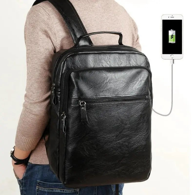 Sac à dos homme en cuir avec port de chargement USB externe et design élégant