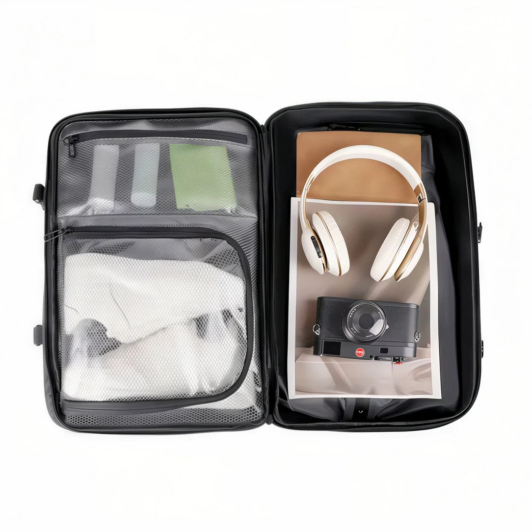 Sac à dos cabine antivol TSA multi-compartiments noir transparent avec poches maillées et intérieur rembourré