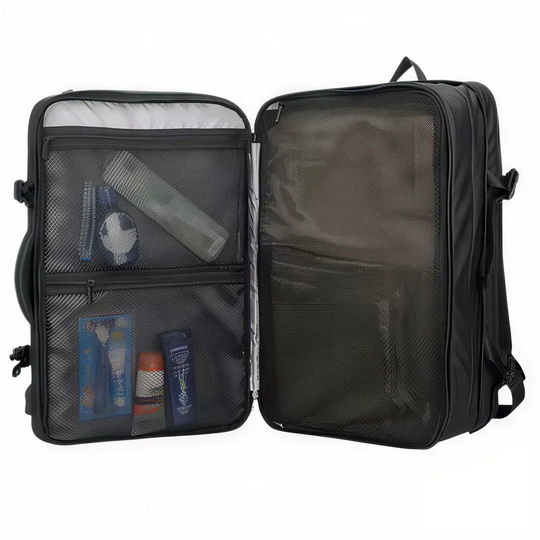 Sac à dos cabine avion 55x35x25 noir en maille avec compartiments transparents et fermetures éclair