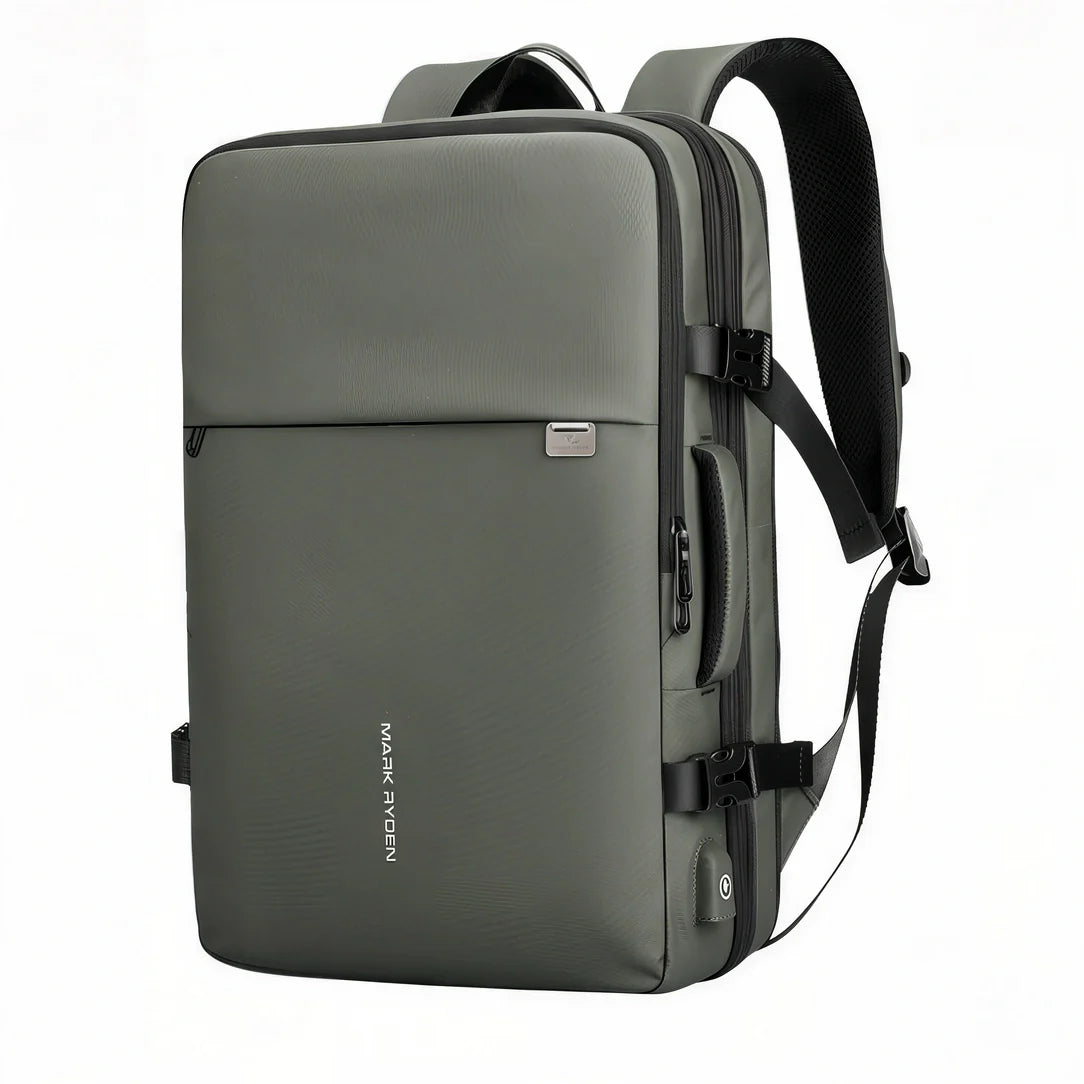Sac à dos cabine avion gris anthracite avec accents noirs et port USB, design minimaliste