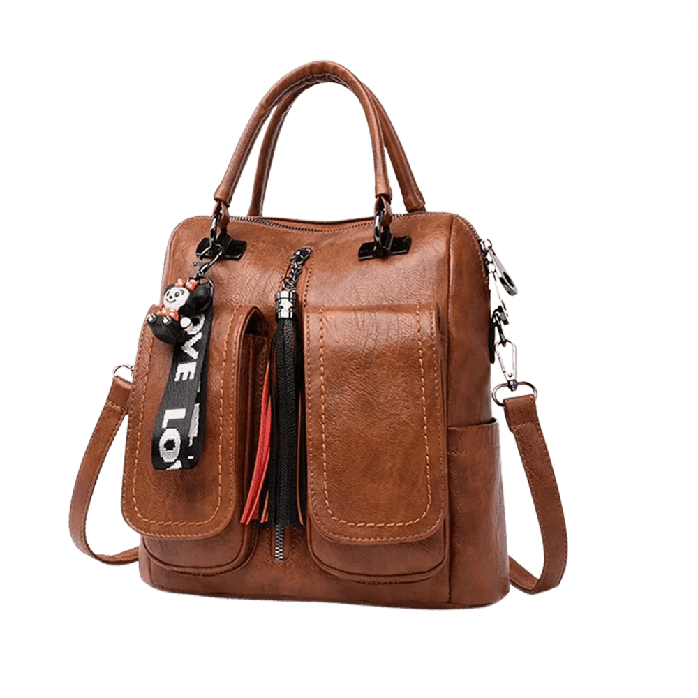 Sac à dos carré cuir marron en faux cuir convertible avec poches et tassel décoratif