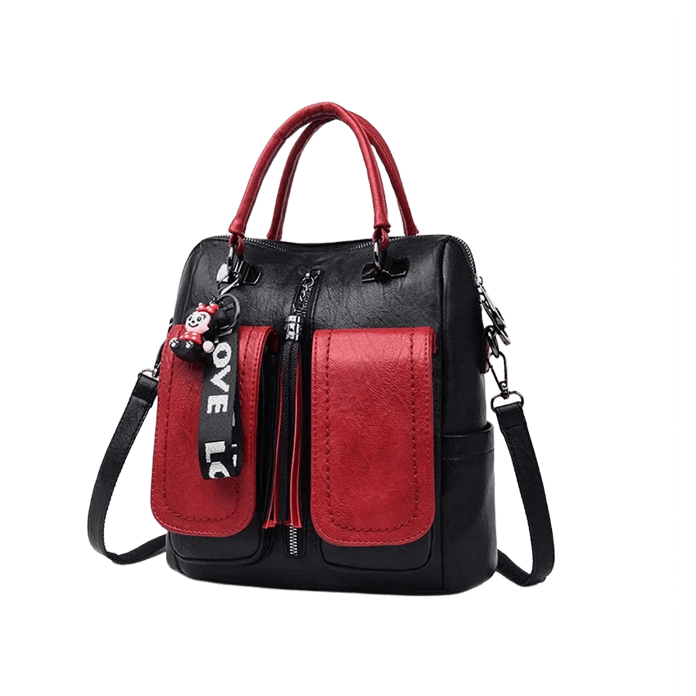 Sac à dos carré cuir noir et rouge avec porte-clés Minnie Mouse