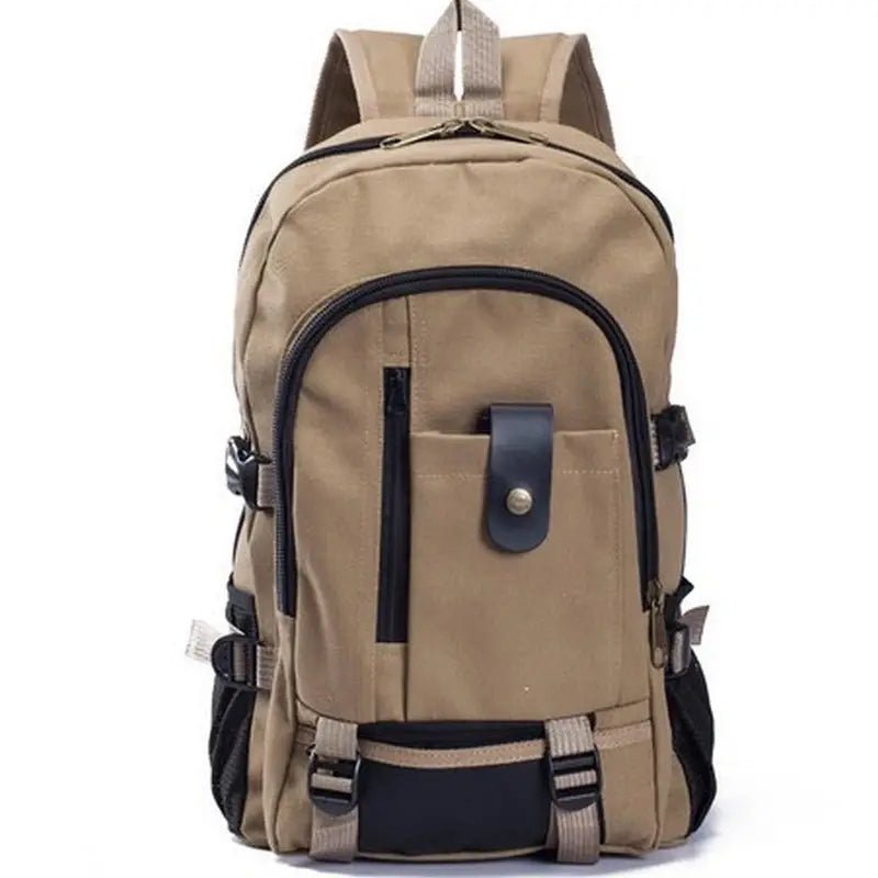 Sac à dos cartable homme en toile en toile beige avec accents noirs et poches multiples