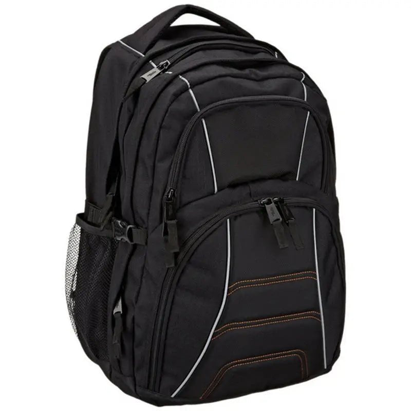 Sac à dos cartable homme noir en polyester avec plusieurs compartiments, trim blanc et surpiqûres orange