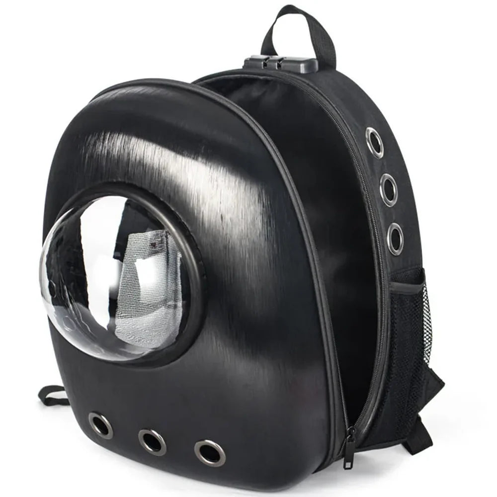 Sac à dos chat sécurisé anti-vol noir avec fenêtre en bulle claire et ventilation