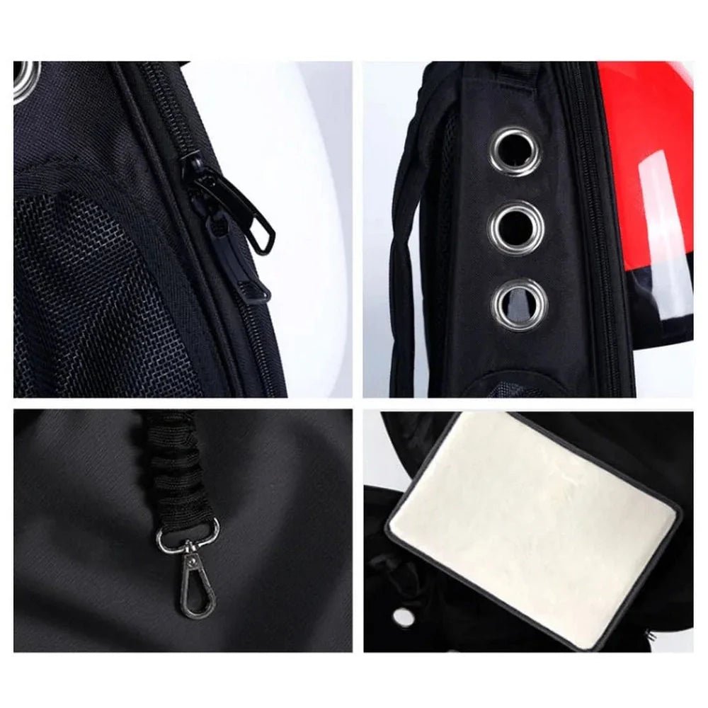 Sac à dos chat sécurisé anti-vol avec porteur noir, fenêtre en mesh, ventilation, fermeture éclair et clip intérieur