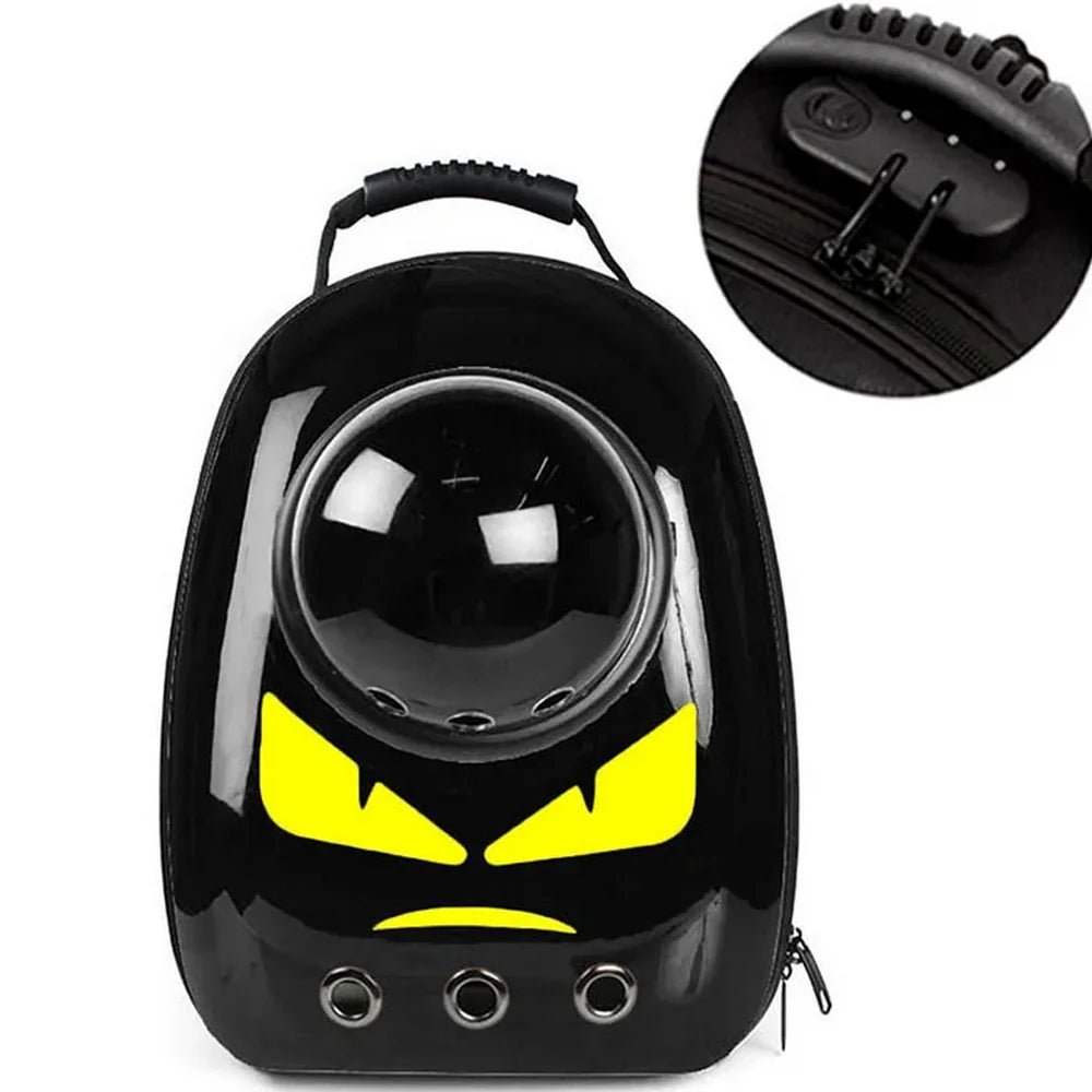 Sac à dos chat sécurisé anti-vol avec fenêtre en bulle et design yeux de monstre jaunes