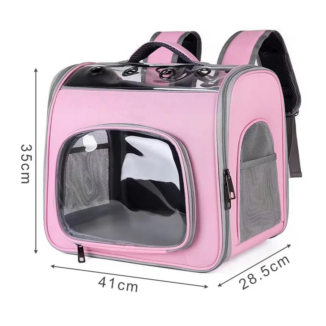 Sac à dos chat transparent rose avec panneaux en plexiglas, poches en mesh et bretelles ajustables