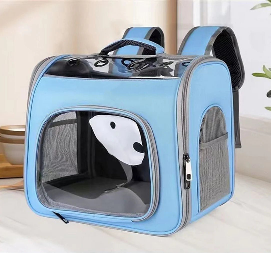 Sac à dos chat transparent bleu clair avec fenêtres en mesh et toit clair