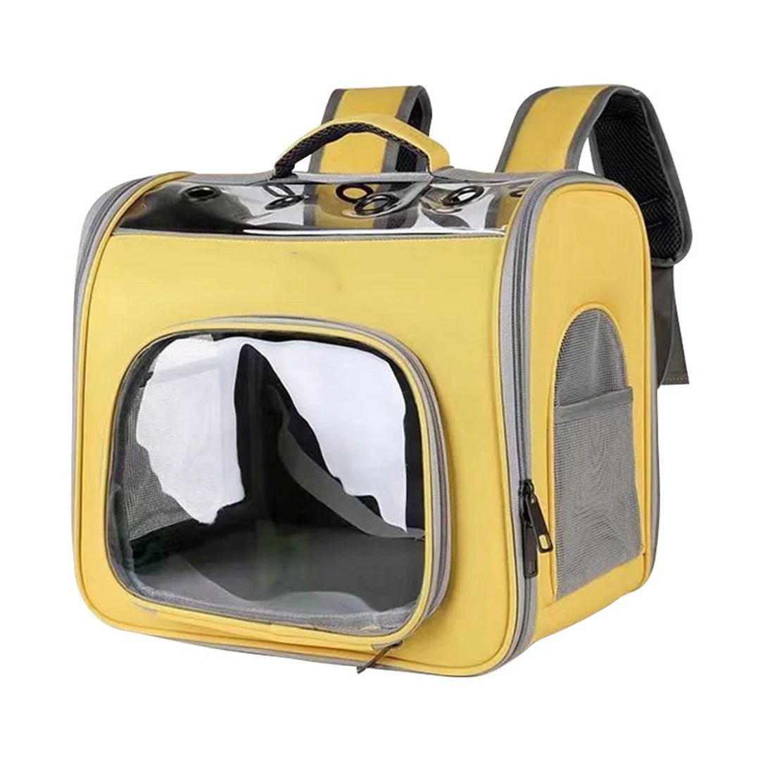 Sac à dos chat transparent jaune avec fenêtres claires et poches en mesh