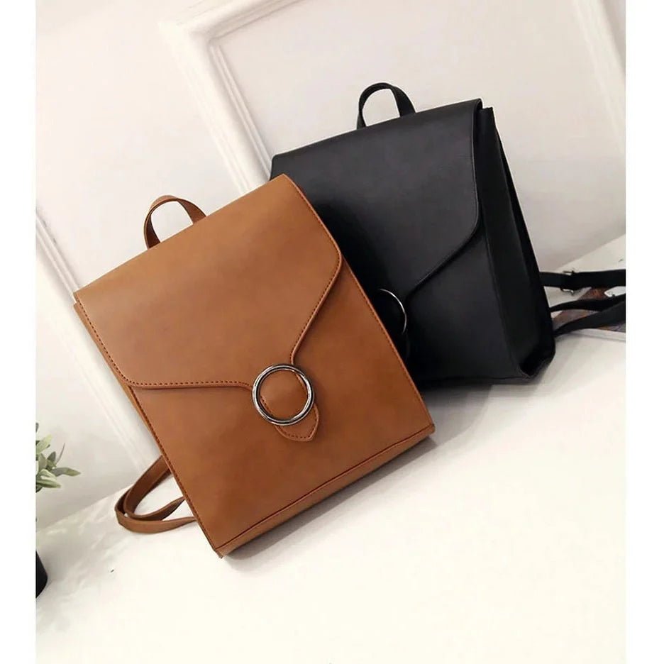 Mini sacs à dos en faux cuir brun et noir avec rabats, anneaux en argent, Sac à dos chic cuir