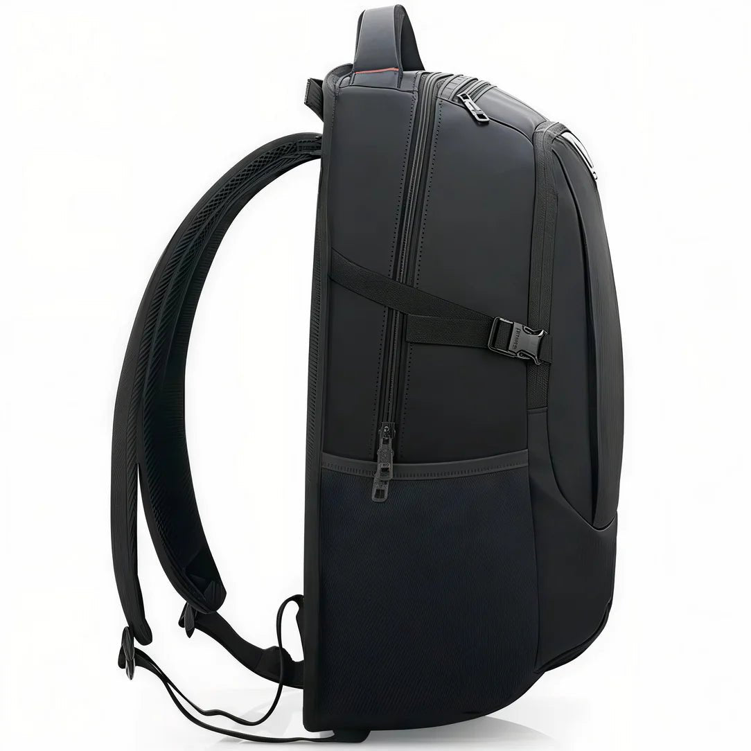 Sac à dos collège ergonomique PackWorld noir, minimaliste avec plusieurs compartiments zippés