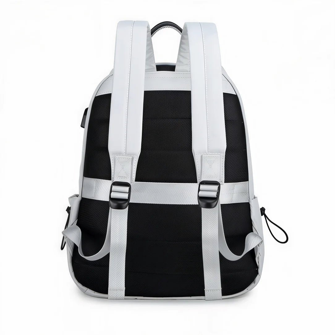 Sac à dos collège MoovePack en gris clair avec dos en mesh noir et bretelles ajustables