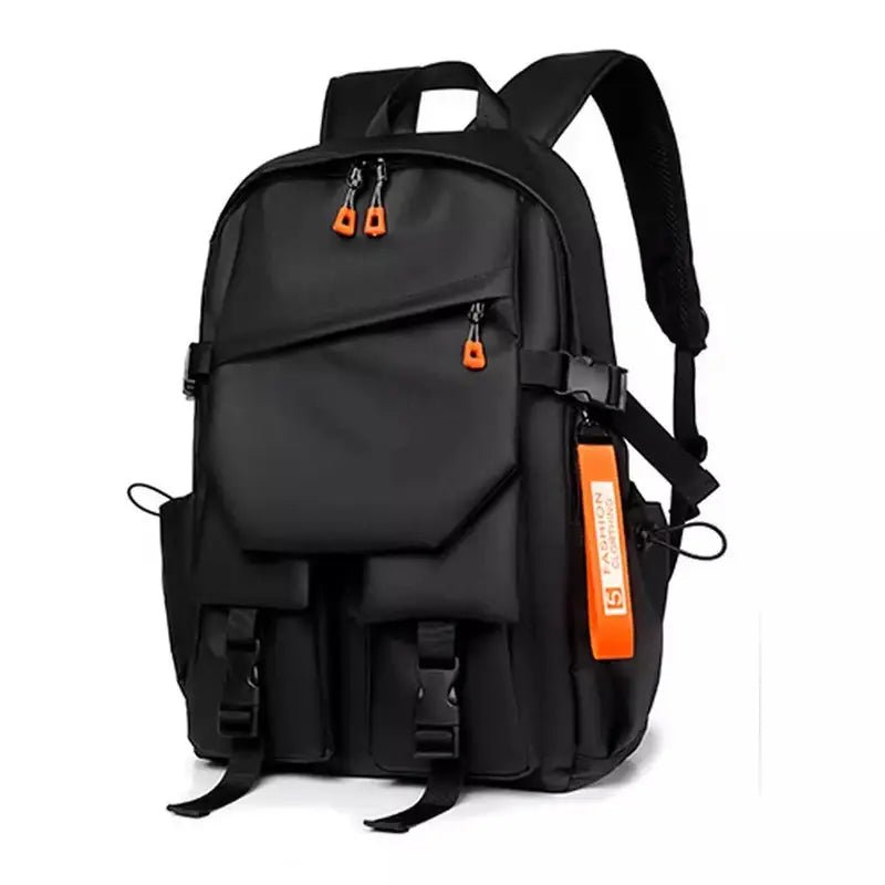Sac à dos collège multipoches noir avec tirettes orange et longue bandoulière orange