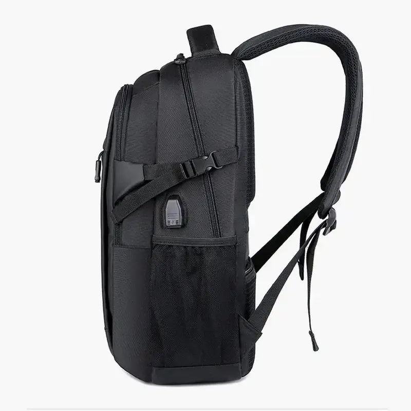 Sac à dos collège solide noir avec bretelles rembourrées, port USB et poche en mesh