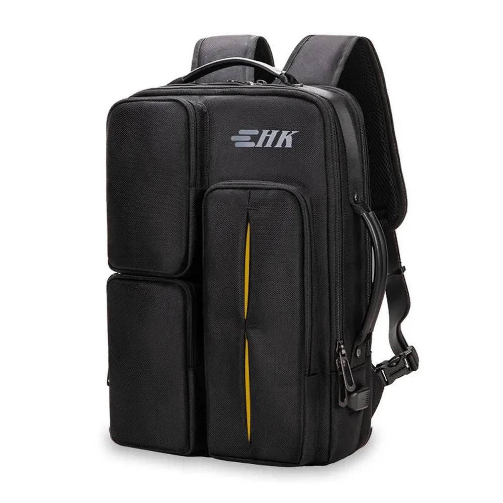 Sac à dos convertible pour ordinateur noir avec poches modulables et accents jaunes