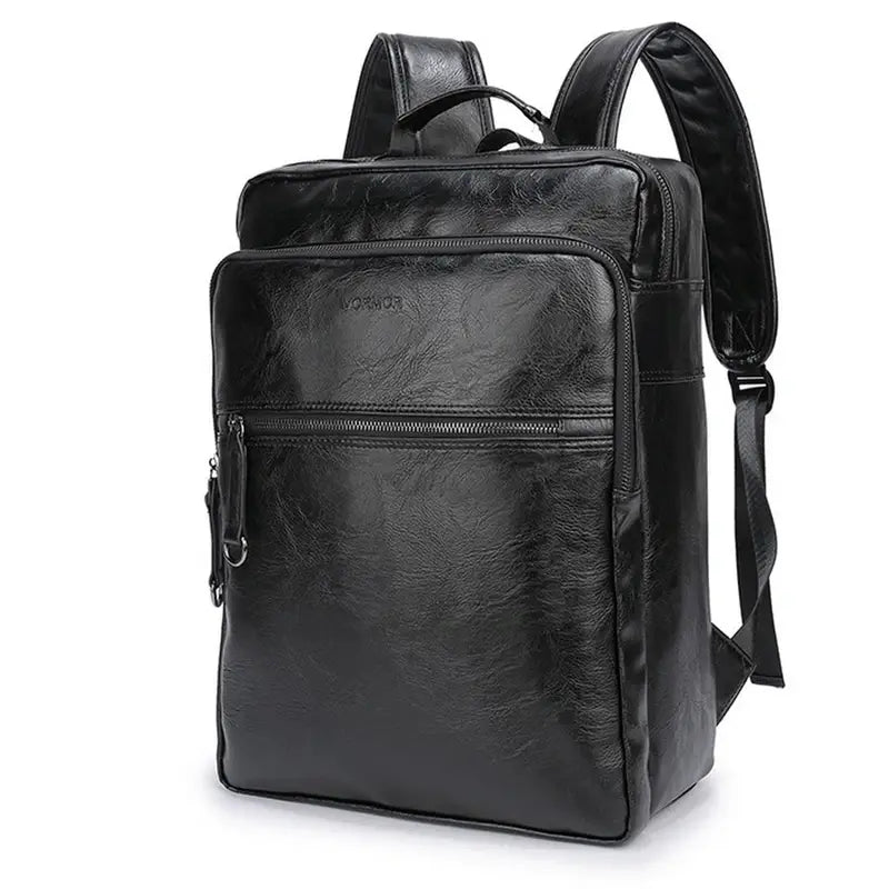 Sac à dos cuir homme noir en faux cuir rectangulaire avec poches zippées et bretelles