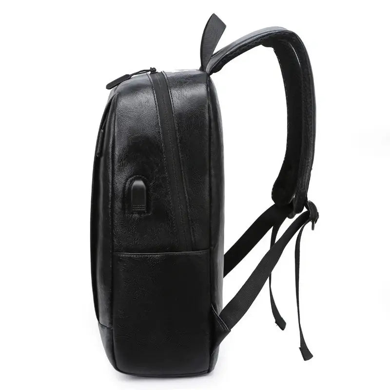 Sac à dos en cuir noir pour homme avec port de chargement USB et compartiment ordinateur