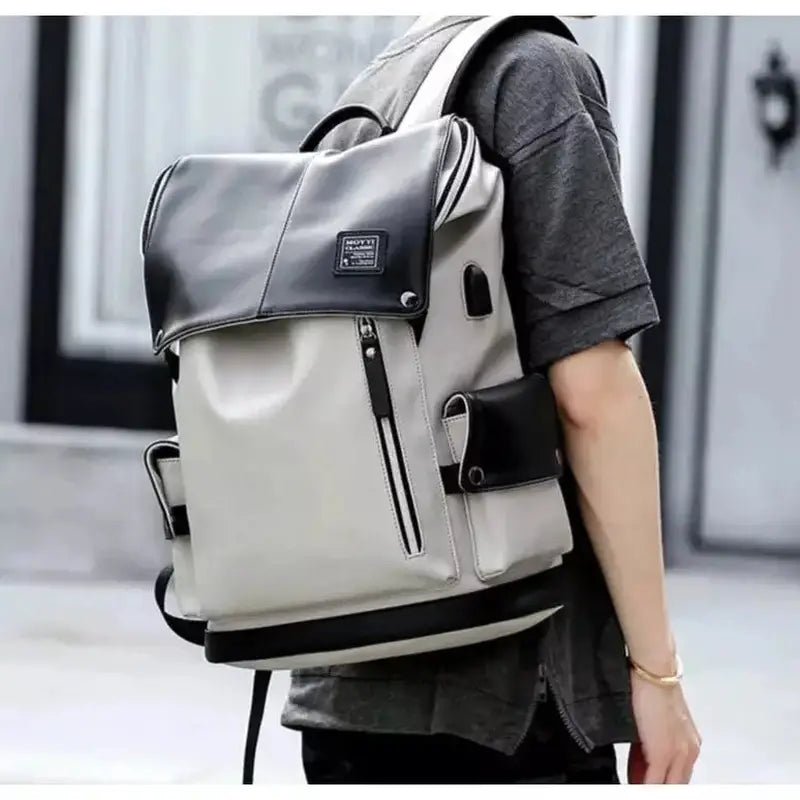 Sac à dos cuir homme vintage noir et gris clair avec plusieurs compartiments