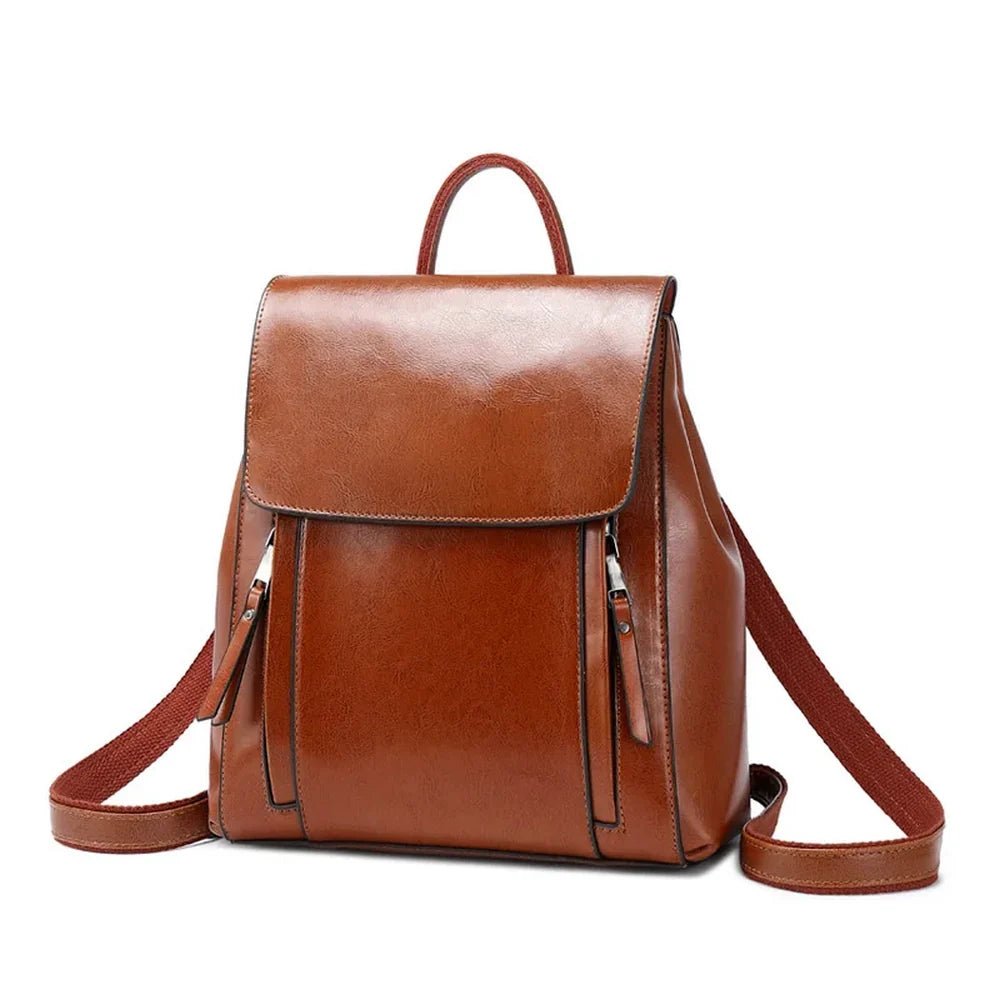 Sac à dos en cuir marron avec rabat, grande capacité et poches zippées frontales