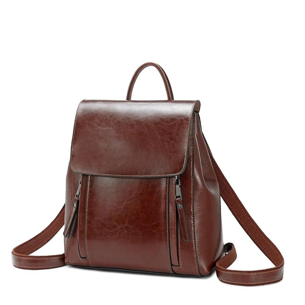 Sac à dos cuir marron avec rabat et deux poches zippées verticales