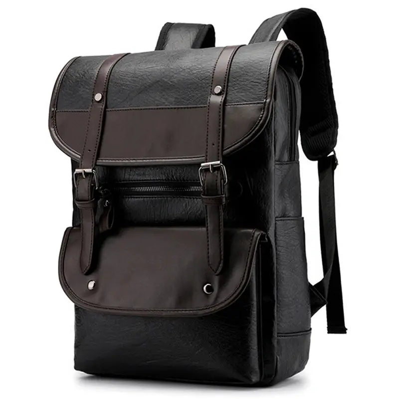 Sac à dos en cuir pour homme noir et brun foncé avec boucles, style élégant