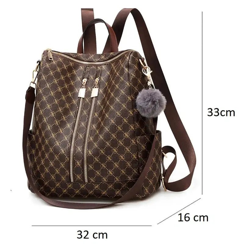 Sac à dos en cuir PU femme tendance avec motif marron, zippers et pom-pom gris