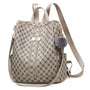 Sac à dos cuir beige avec motif et pom-pom en fourrure grise pour femme tendance