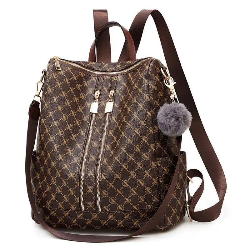 Sac à dos en cuir PU femme tendance avec motif marron, zippers et pompoms gris