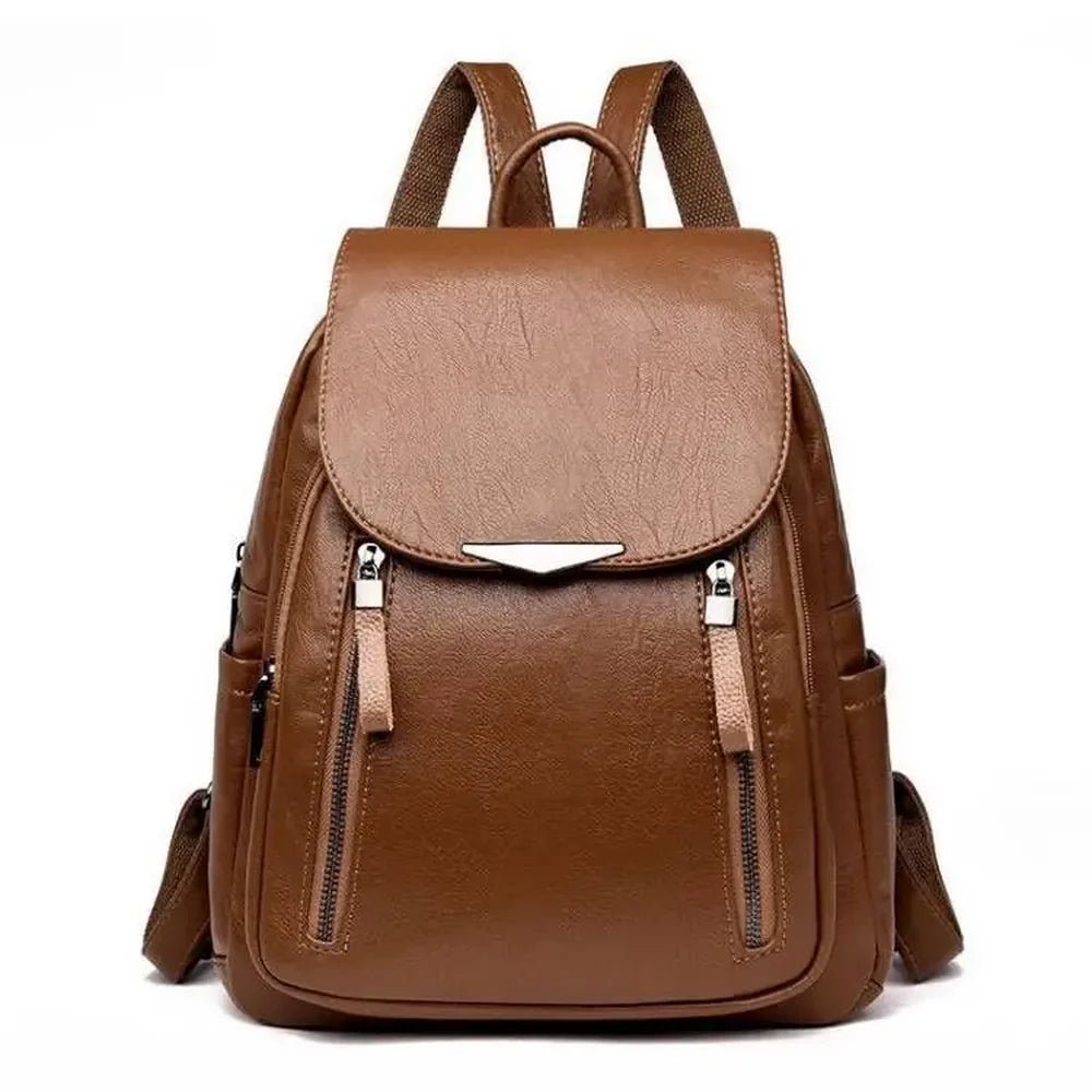 Sac à dos en faux cuir marron avec plusieurs poches zippées et rabat