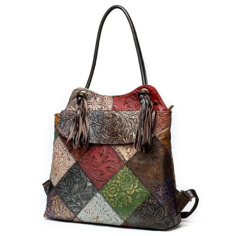 Sac à dos cuir véritable femme avec patchwork en cuir embossé multicolore et tassels
